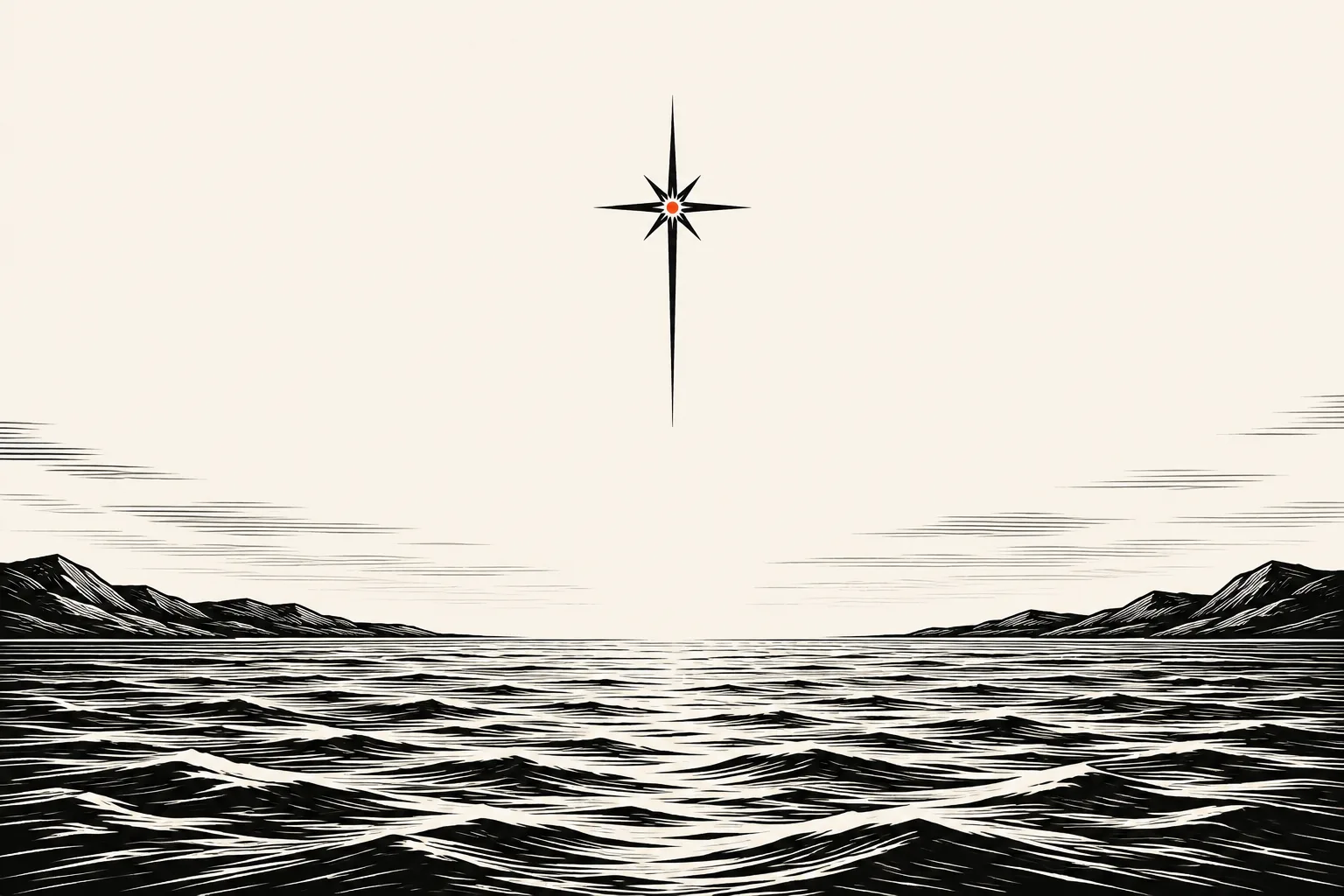 An engraved strait at dusk with a persimmon North Star above open water